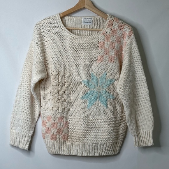 Vintage Distinction Ivory Chunky Hand Knit Crew Neck Sweater Sz L - Picture 2 of 10